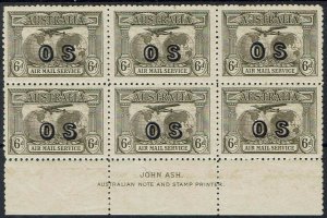 AUSTRALIA 1931 AIRMAIL OS 6D IMPRINT BLOCK */**