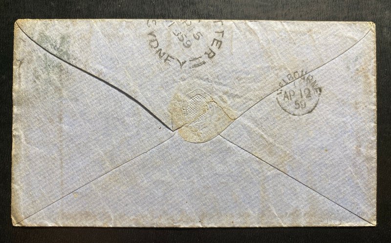 1859 Melbourne Victoria Australia Vintage Cover To Sydney SG#73 Imperf