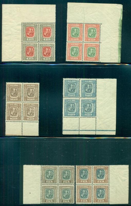 ICELAND #71/85 (76/90), Two Kings set Blocks of 4 NH, Facit $3,600.00