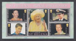 St. Helena Sc 759 MNH. 2000 Royal Birthdays, souvenir sheet of 5, fresh, bright