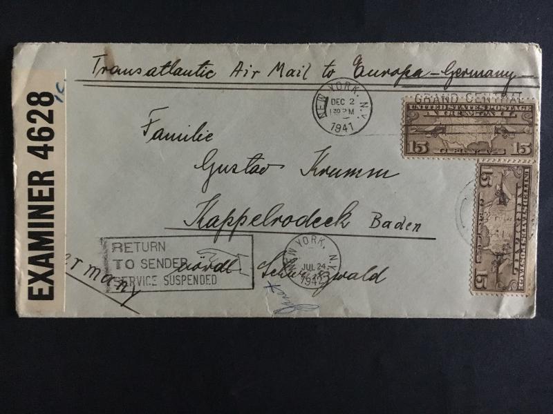 1941 NYC USA Cover Censored to Germany Returned Service Suspended Due to War