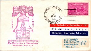 US EVENT COVER CACHETED 175th HOME COMING ANNIVERSARY INDEPENDENCE HALL 1951 C