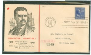 US 830 1938 30c Theodore Roosevelt (presidential/prexy series) solo on an addressed registered first day cover with a Linprint c