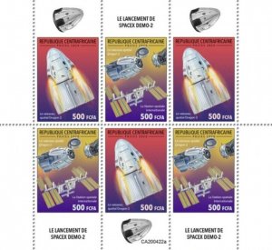 Central Africa - 2020 SpaceX Launch Demo-2 - 6 Stamp Sheet - CA200422a