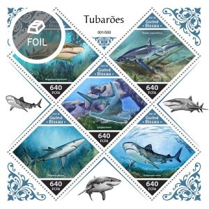 GUINEA BISSAU - 2018 - Sharks - Perf 5v Foil Sheet - Mint Never Hinged