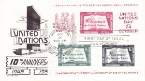 United Nations 1955 10th Anniversary Sheet on First Day Cover  VF