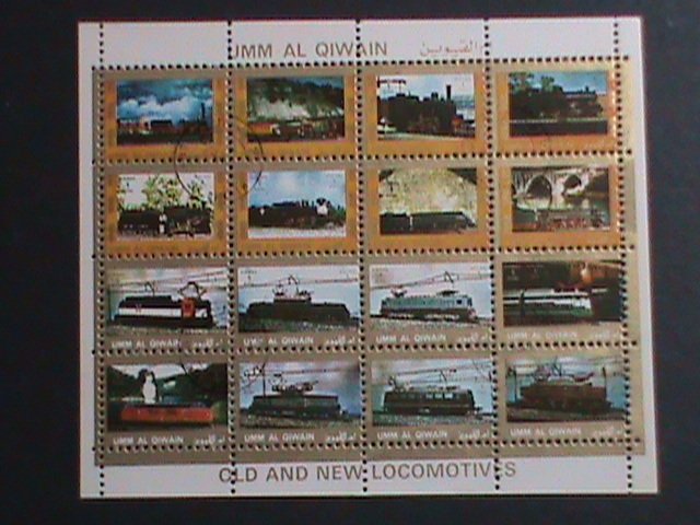 ​UMM AL QIWAIN-1973 WORLD FAMOUS TRAINS CTO MINI SHEET VERY FINE