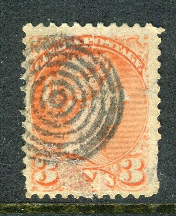 CANADA; 1870s-80s early classic QV Small Head issue 3c. fair Shade & cancel