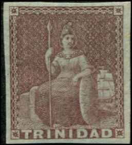 Trinidad SC# 1a purple brown Britannia 1p Imperf on Blue Paper Mint HInged