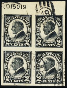 611, Used 2¢ Block of Four Stamps With PL# CV $16.00