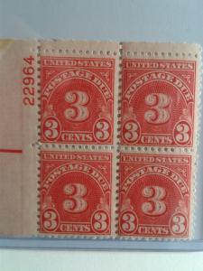 SCOTT # J82 THREE CENT POSTAGE DUE PLATE BLOCK MINT NEVER HINGED GEM AMAZING!