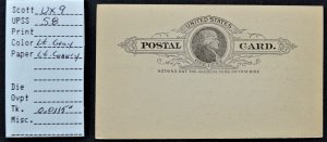 1886 US Sc. #UX9 mint postal card, good to very good condition