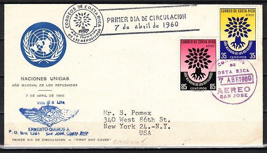 Costa Rica, Scott cat. C290-C291. World Refugee Year issue. First day cover. ^