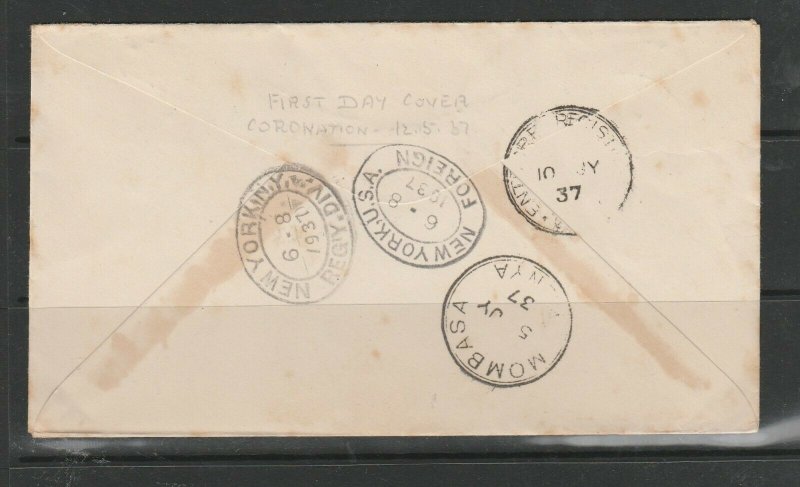 Turks & Caicos FDC 1937 Coronation, Plain, Turks Island cds, backstamped Entebbe