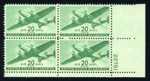 US Stamp #C29 Airplane 20c - Plate Block of 4 - MNH - CV $9.00