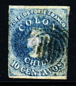 CHILE 1856-1860 10c. COLON ESTANCOS SANTIAGO Print Chile #8 Scott #10 SG 23 Wmk3