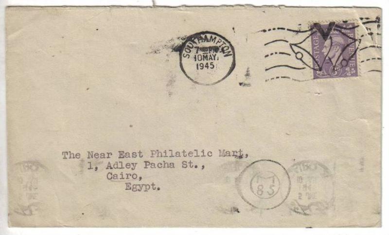 GREAT BRITAIN 1945 COVER TO EGYPT WITH SPECIAL VICTORY BELL METER CANCELLATIO...