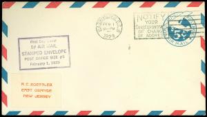 2/1/1929 WASH DC Cds, ROESSLER Orange Label & 5c Air Mail H/S, Size 5, #UC1 FDC!