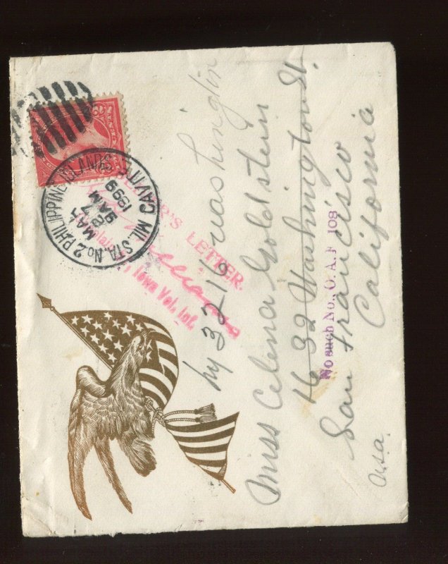 1899 Patriotic Cover PHILIPPINES CAVITE MIL STA NO. 2 CCL ON SOLDIER'S LETTER