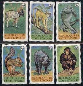 WWF, SQUIRREL, MONKEY, HIPPO, MANATEE - IVORY COAST:  MNH Set 1979 Sc 528-33