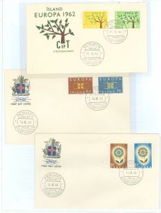 Iceland 348-9/357-8/367-8 1962, 1963, 1964 Europa issues sets of two on three cacheted unaddressed first day covers.