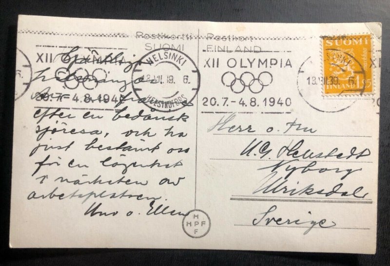 1939 Helsinki Finland RPPC Postcard Cover To Sweden Olympic Cancels