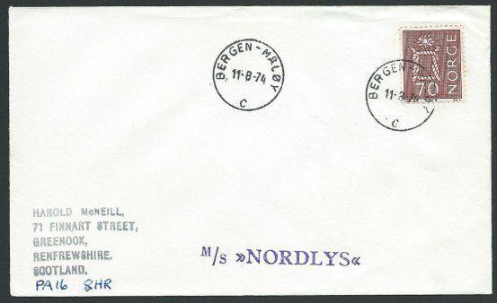 NORWAY 1974 cover BERGEN - MALOY TPO cds - MS NORDLYS ship cachet..........39896