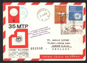 POLAND *BALLOON MAIL* Cover Poznań *SYRENA* GB London Air Mail 1966 MA1484