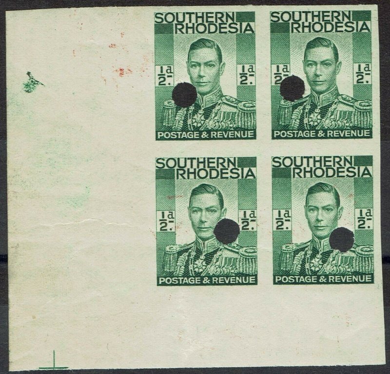 SOUTHERN RHODESIA 1937 KGVI 1/2D IMPERF PROOF BLOCK MNH **