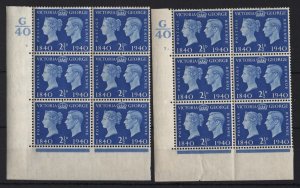 GB 1940 Centenary 2½d cyl 3 and 3 dot corner blocks of 6 um,, dot cyl minor ma