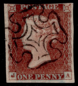 GB QV SG8, 1d red-brown BLACK MX PLATE 22, USED. Cat £120. SCOTTISH MX JA