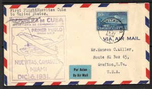 CUBA 1931 First Flight Cover Nuevitas to MIAMI FLA Cachet Postmaster Signed