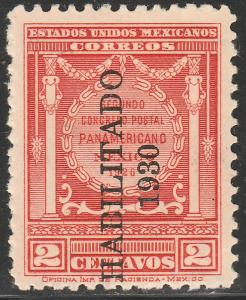 MEXICO 667, 2¢ HABILITADO 1930 PAN-AMERICAN POSTAL CONGRESS. UNUSED, H OG, VF.