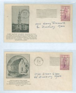 US 777 1935 3c rhode island tercentenary, singles on two addressed first day covers with kilton first cachets