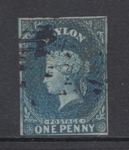 Ceylon Sc 3a used 1857 1p deep blue Queen Victoria, 4 margins, VF