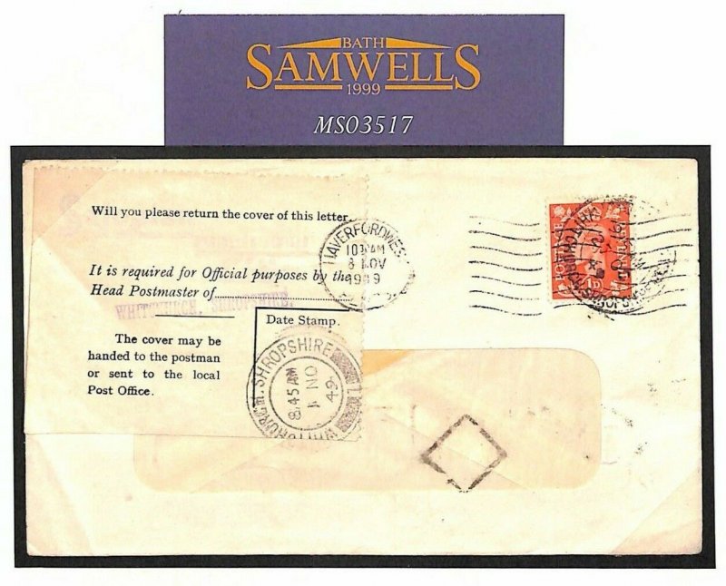 GB WALES Haverfordwest Cover GPO OFFICIAL ENQUIRY Label Whitchurch Salop MS3517 