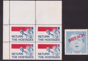 TWO BETTER 1970s seals: Return The Hostages! block 4 & Impeach Nixon Mint single