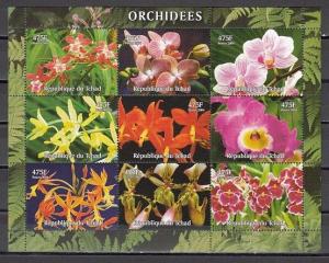 Chad, 2004 issue. Various Orchids on a sheet of 9