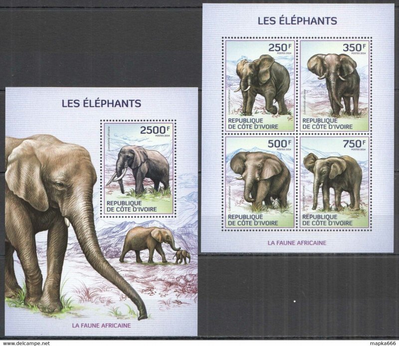 IC08 2014 IVORY COAST AFRICAN FAUNA WILD ANIMALS ELEPHANTS #1609-2+BL209 MNH