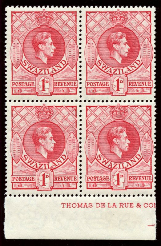 Swaziland 1938 KGVI 1d rose-red block of four superb MNH. SG 29. 