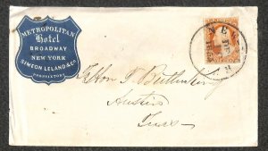 USA 11 STAMP NEW YORK TO TEXAS METROPOLITAN HOTEL ADVERTISING COVER 1855 FF