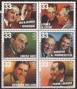 US Stamp 1999 Broadway Songwriters 6 Stamp Block or Plate Blk #3345-50
