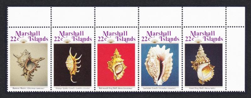 Marshall Is. Sea Shells 2nd series Top Corner strip of 5v SG#85-89 SC#123a