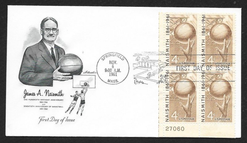 UNITED STATES FDC 4¢ James Naismith PLATE BLOCK 1961 Artmaster