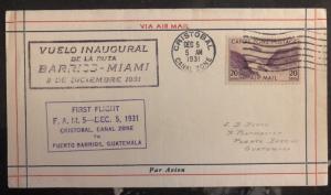 1931 Canal Zone Panama First Fight Cover FFC To Puerto Barrios Guatemala