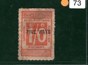 GB LM&SR RAILWAY Parcel Stamp 1s Birmingham *FIVE WAYS* Station Used YOW73