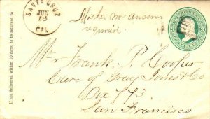 United States California Santa Cruz 1871 grid  Postal Stationery Envelope  Bi...