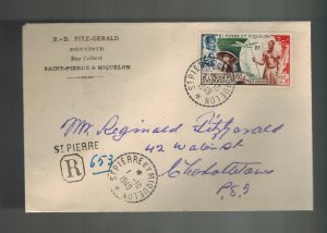 1949 St Pierre Miquelon cover to Charlottetown Canada # C18 UPU R Fitzgerald