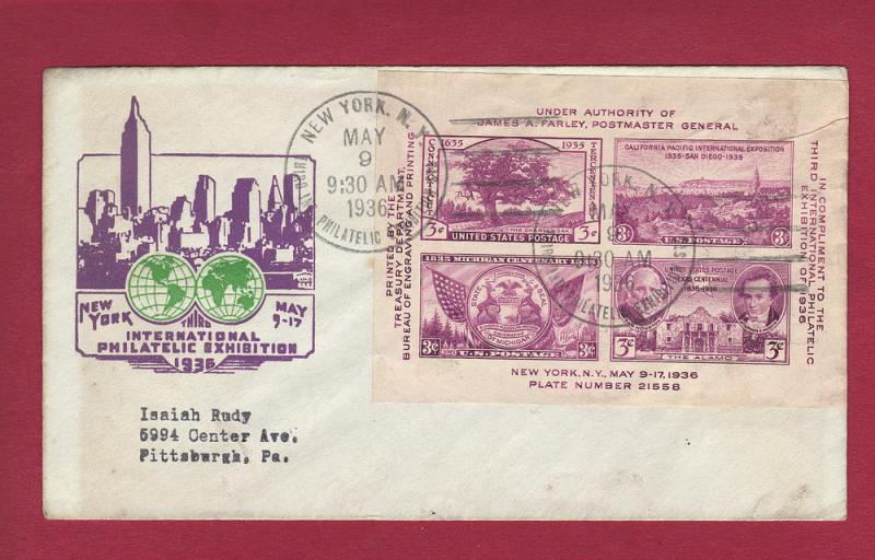 1936 3c THIRD INT'L PHILATELIC EXHIB., TIPEX #778 S/S, FDC, 