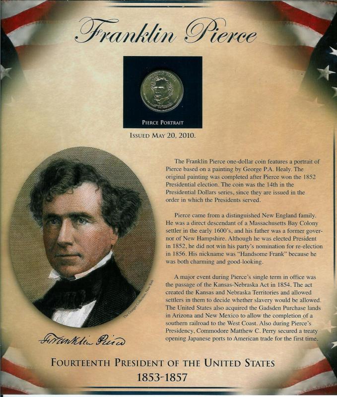 USA Presidents $1 Coin PNC Photo/Text Page Franklin Pierce New Hampshire 1853-57